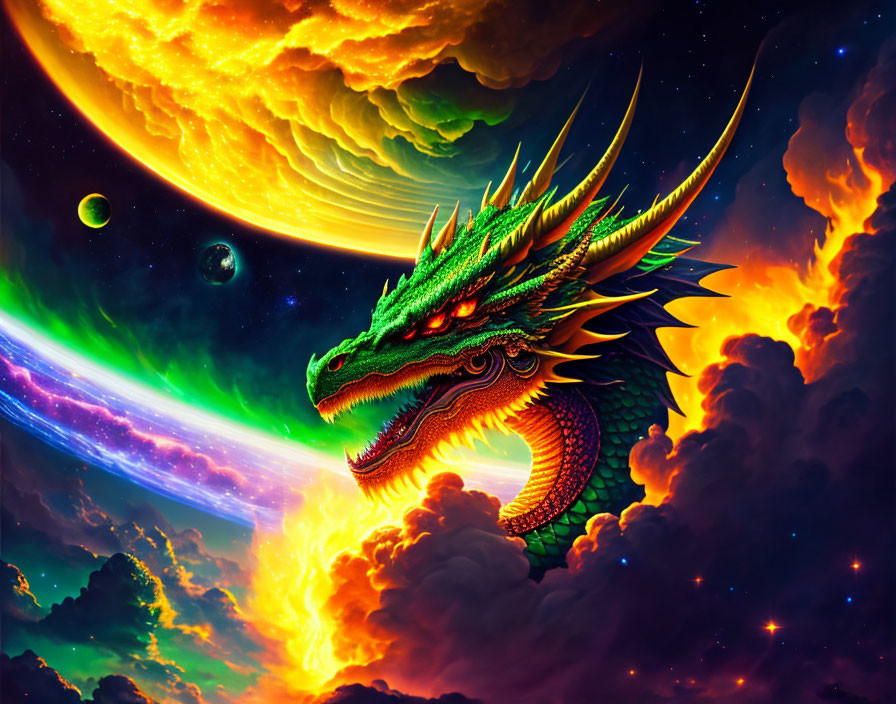 Green dragon in fiery nebula cosmic scene