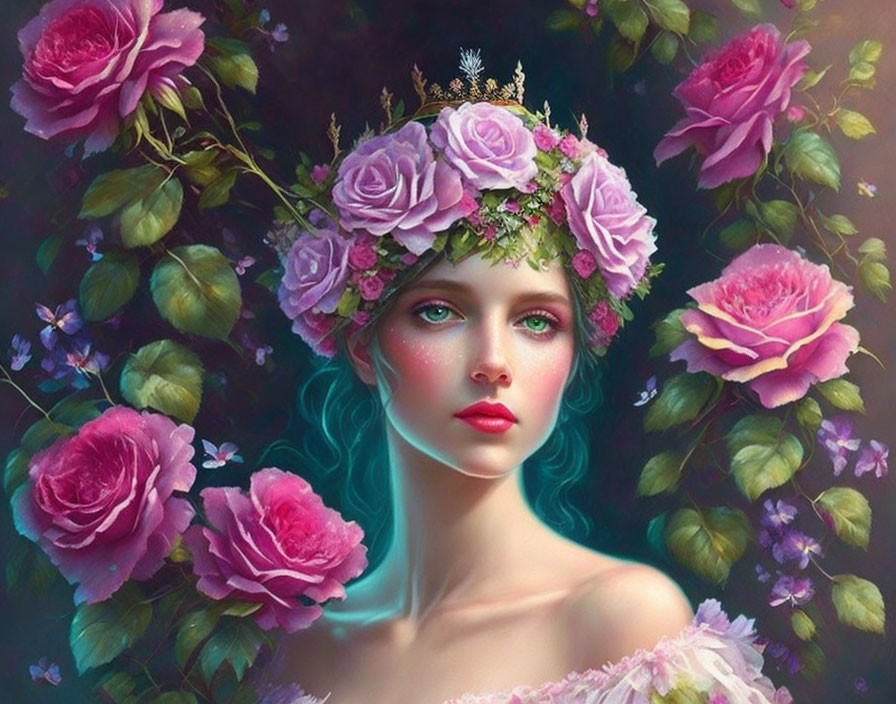 Portrait of woman with pink rose floral crown and fantasy theme.