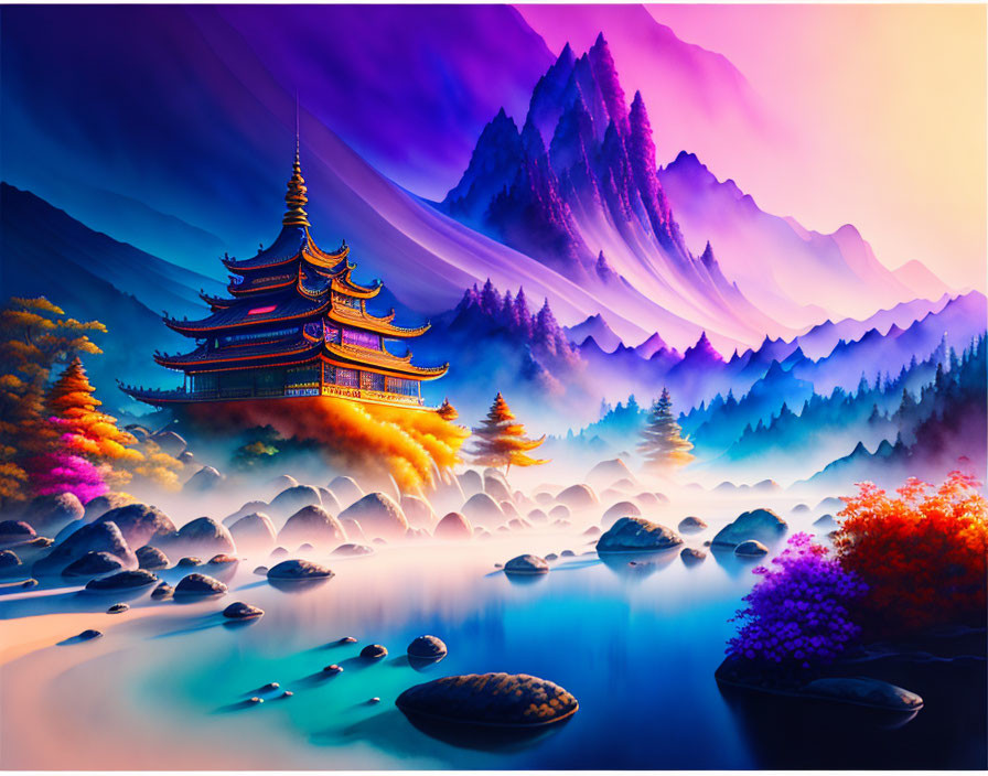 Colorful Asian pagoda in misty mountain landscape with river and foliage.