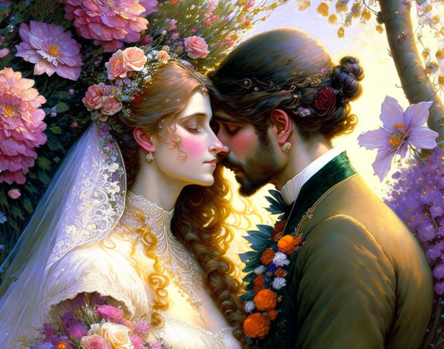 Romantic bride and groom surrounded by lush flowers in fairy-tale style