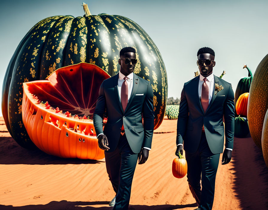 Identical Men in Suits with Giant Watermelons and Small Pumpkin in Desert