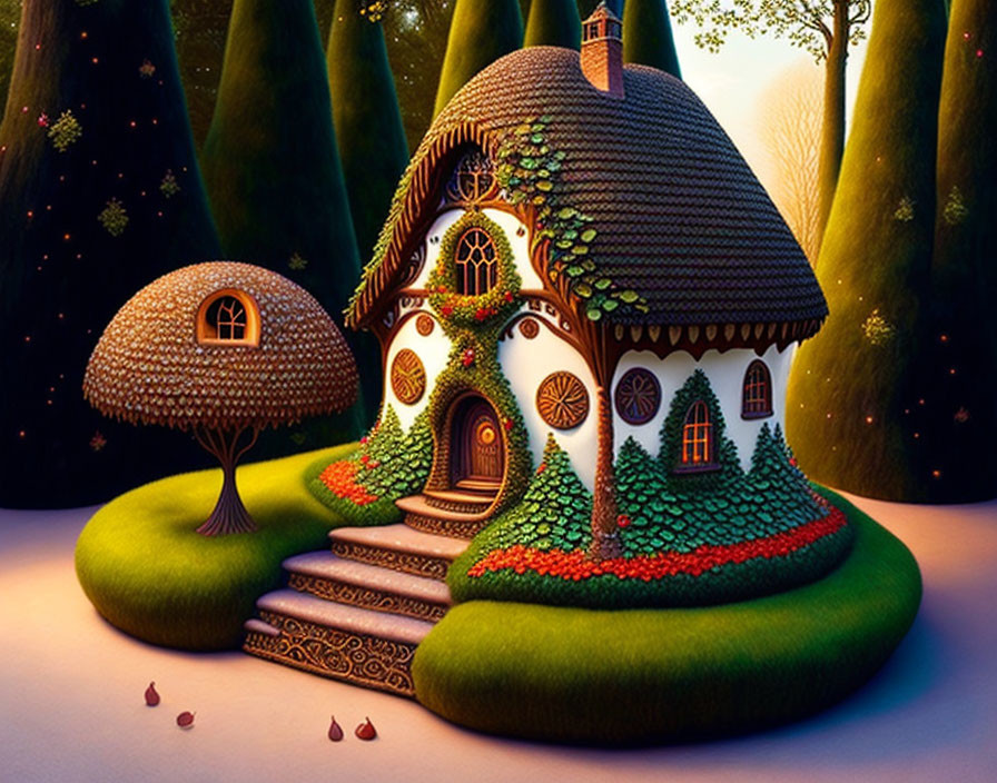 Illustration of whimsical fairy-tale cottage with thatched roof and lush greenery