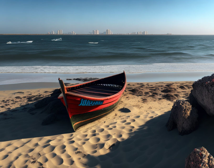 Red and Black Wooden Boat on Sandy Shore with City Skyline and Clear Blue Sky