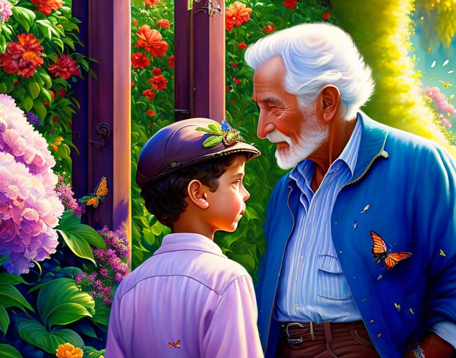 Elderly man with white hair talking to young boy in vibrant garden