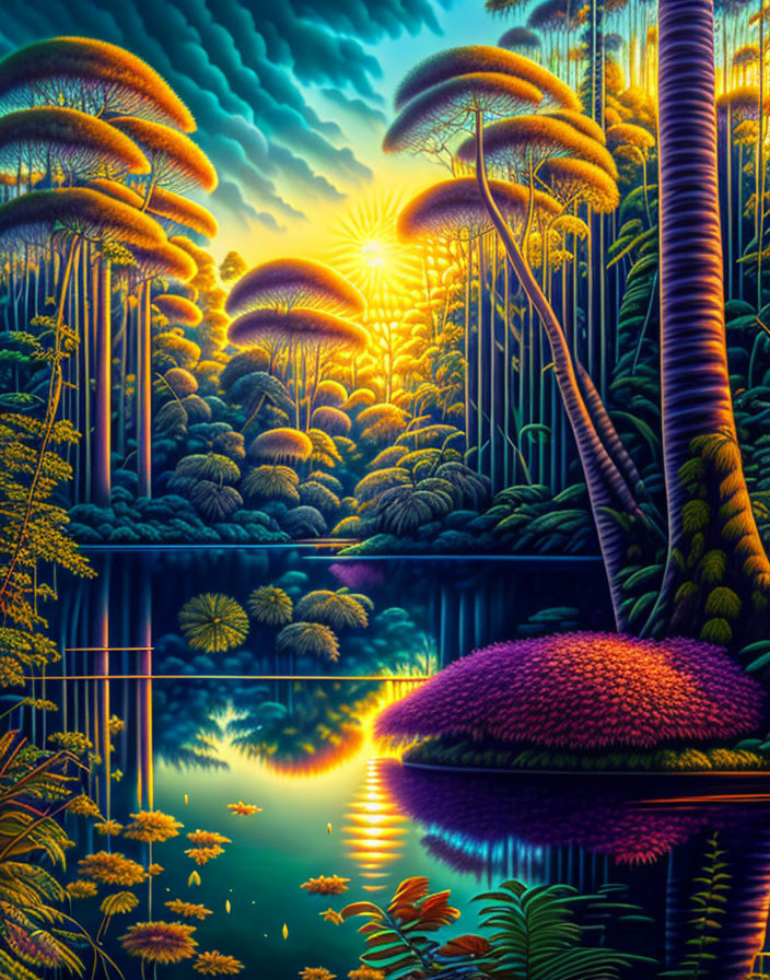 Fantasy landscape with oversized mushroom-like trees and reflective pond