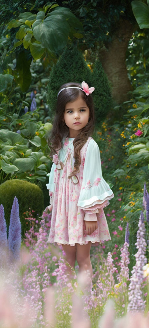 Young girl in floral dress surrounded by vibrant garden