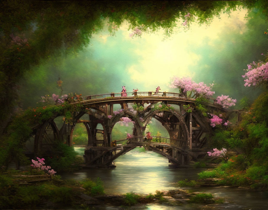 Tranquil river scene with wooden arched bridge and blooming flowers