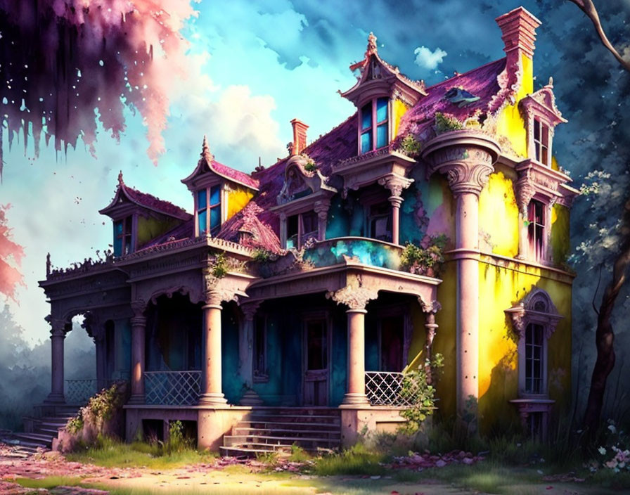 Decrepit Victorian mansion in overgrown landscape with mysterious purple sky.