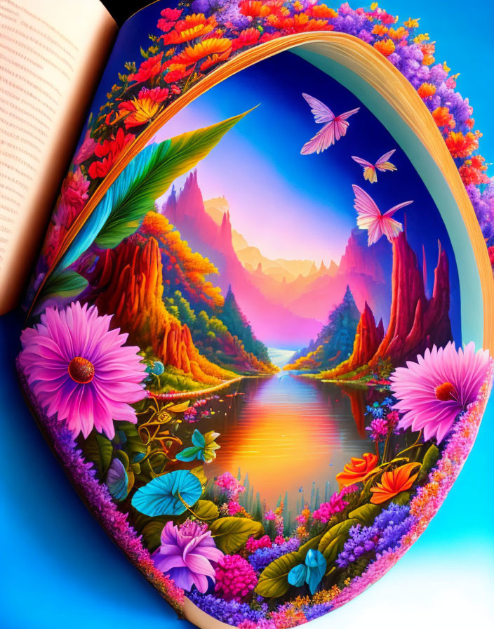 Colorful fantasy landscape illustrations in open book