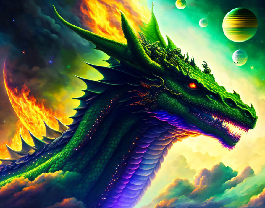 Green Dragon Art Against Cosmic Backdrop: Vibrant Digital Illustration