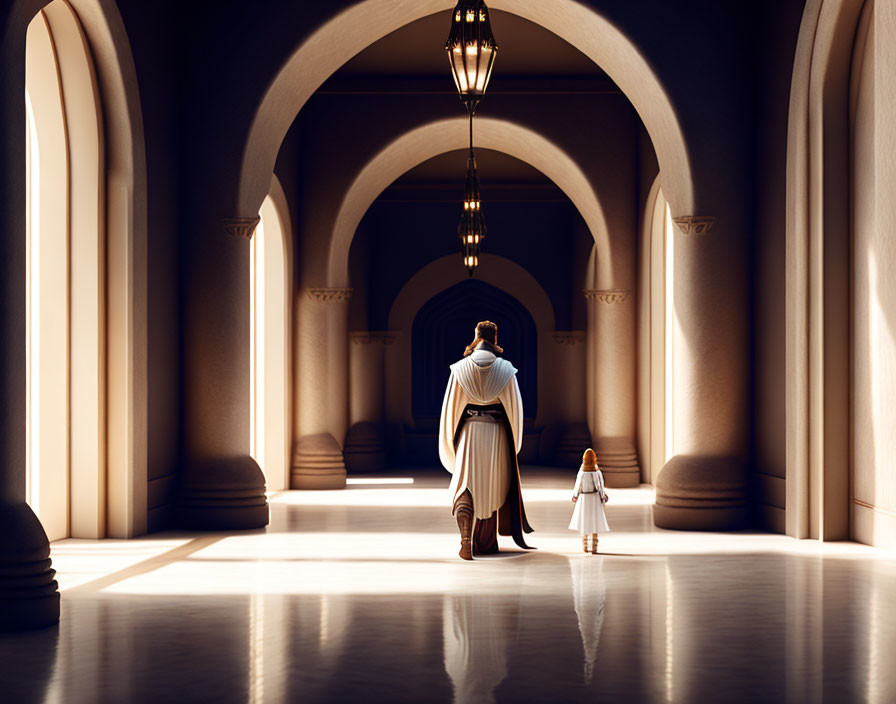 Person and child walking in grand hall with arches and lanterns