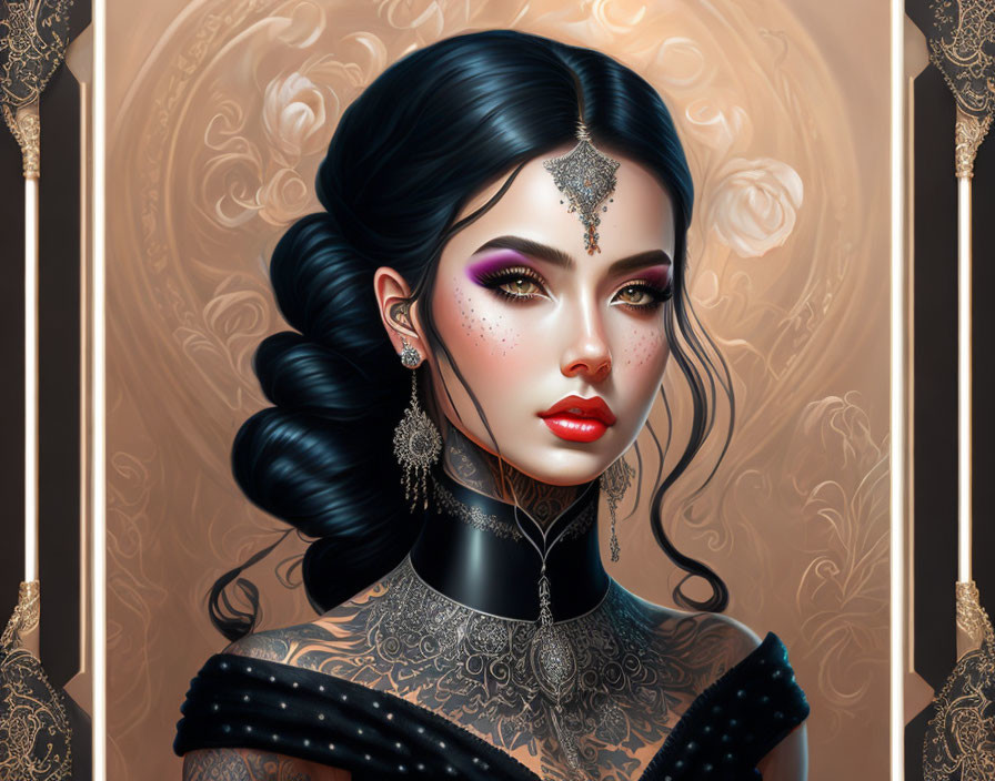 Woman with elaborate makeup and jeweled headpiece in elegant illustration