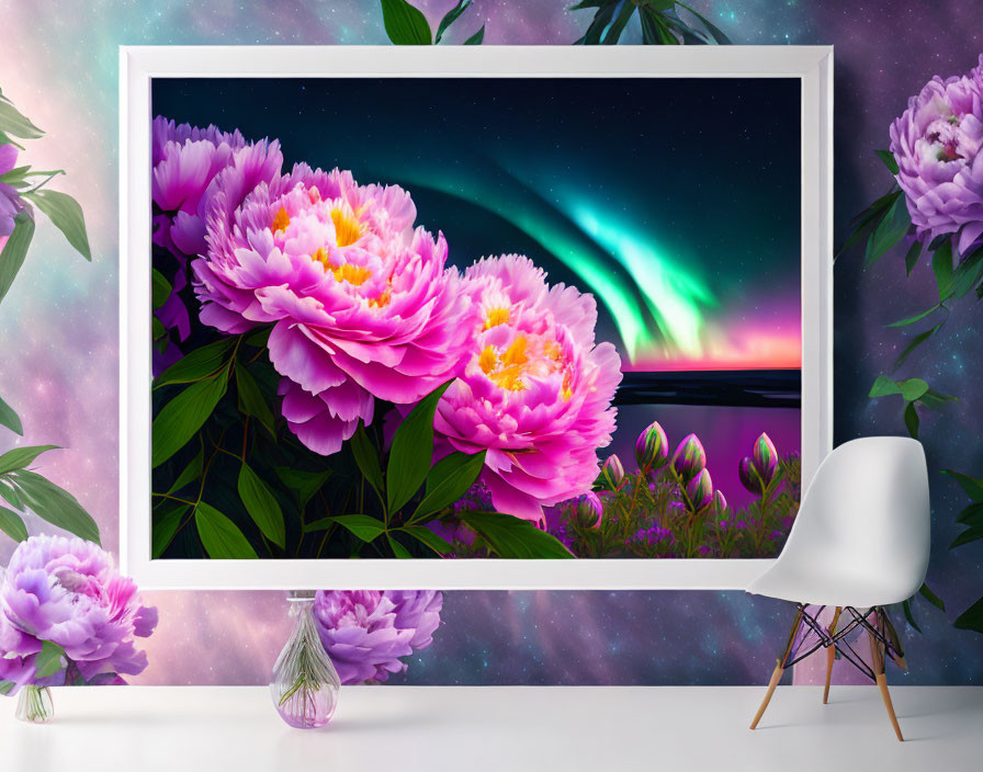 Colorful Room Decor with Pink Peonies Artwork and Modern Furniture