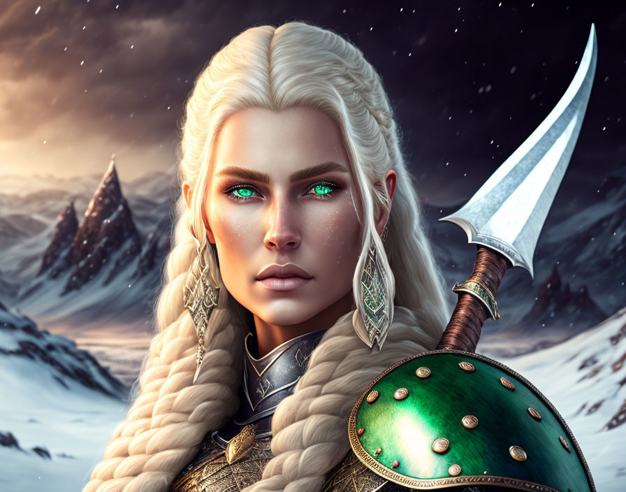 Fantasy female warrior digital art with white hair and green eyes