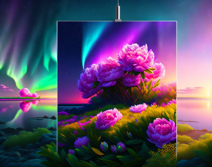 Pink peonies with northern lights reflection on water at sunset