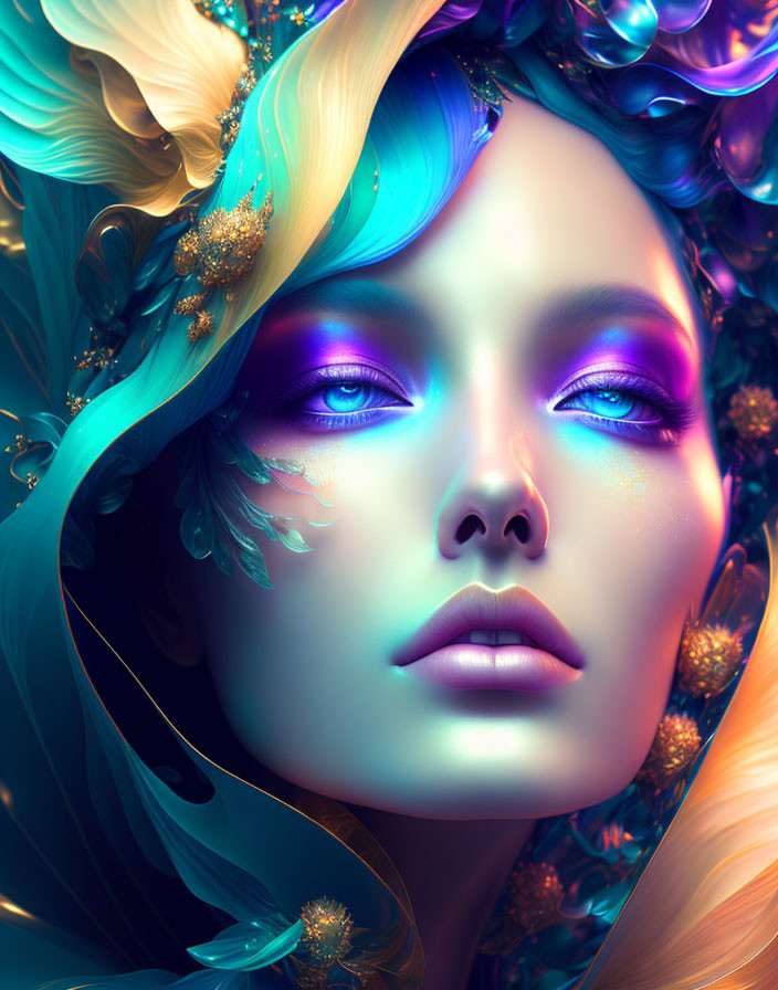 Colorful surreal portrait of woman with abstract floral elements