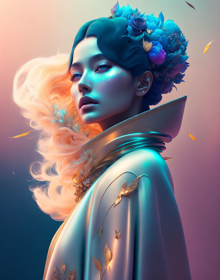 Surreal portrait of woman with blue skin and floral hair in golden leaf cape