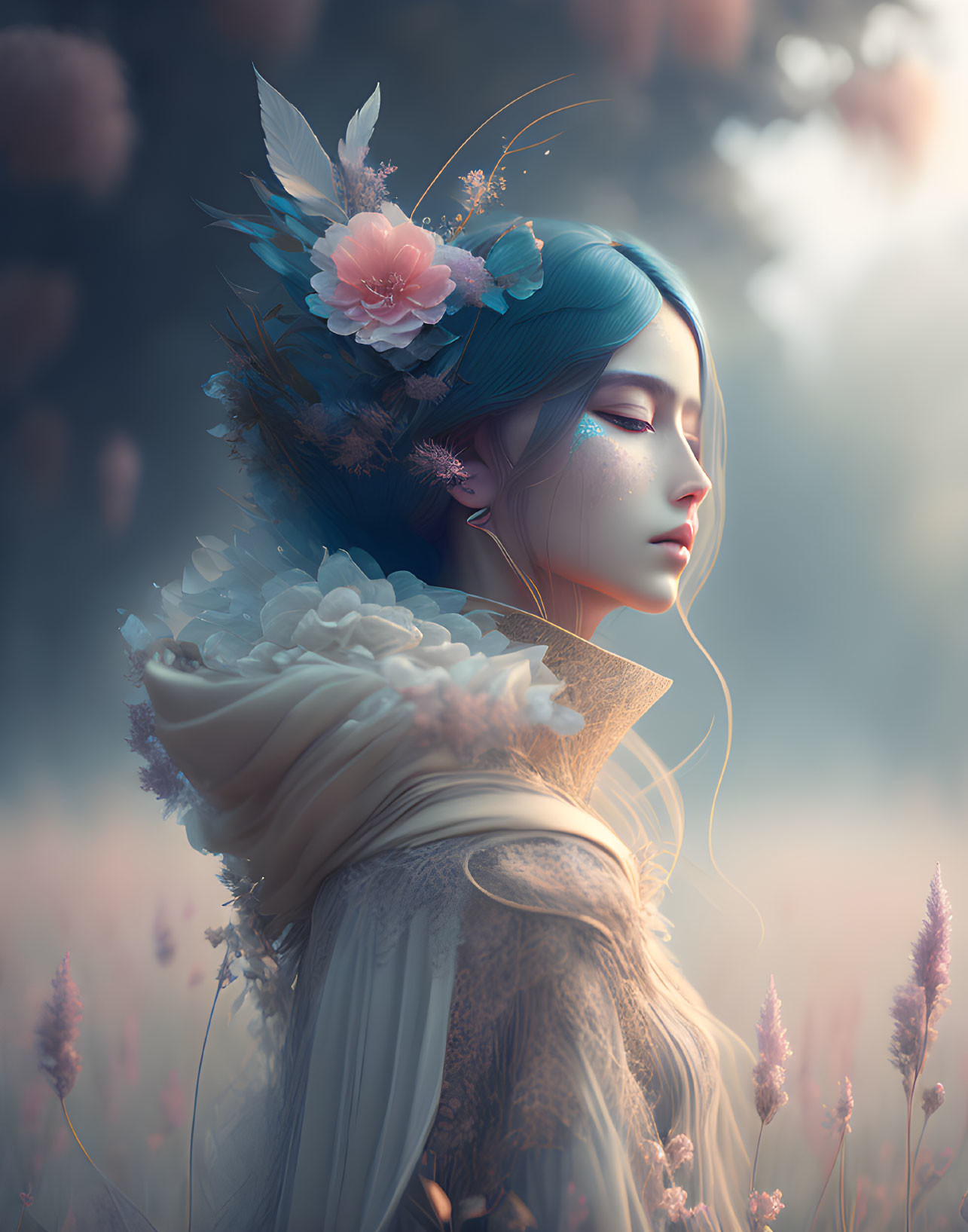 Illustration of woman with blue hair in dreamy field