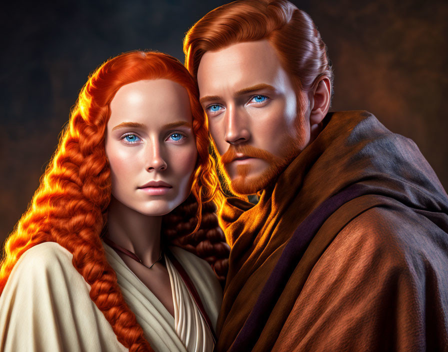 Vibrant Red Hair and Blue Eyes Characters in Warm Tones Show Close Bond