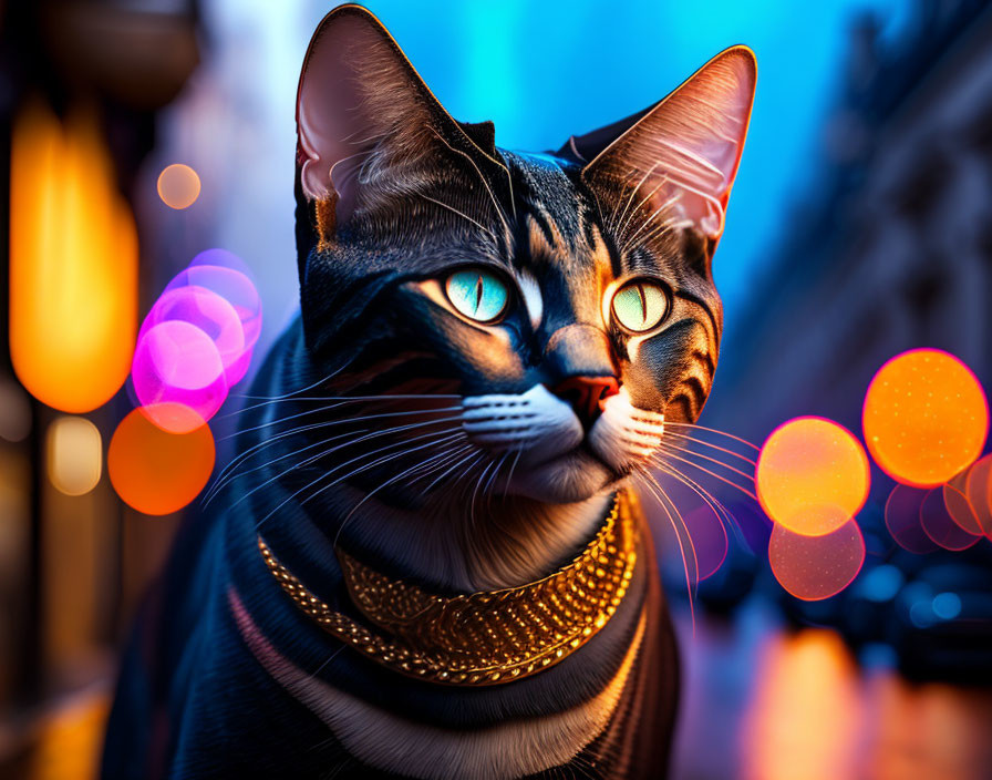 Close-Up Image: Cat with Glowing Eyes and Necklace amid Colorful Bokeh