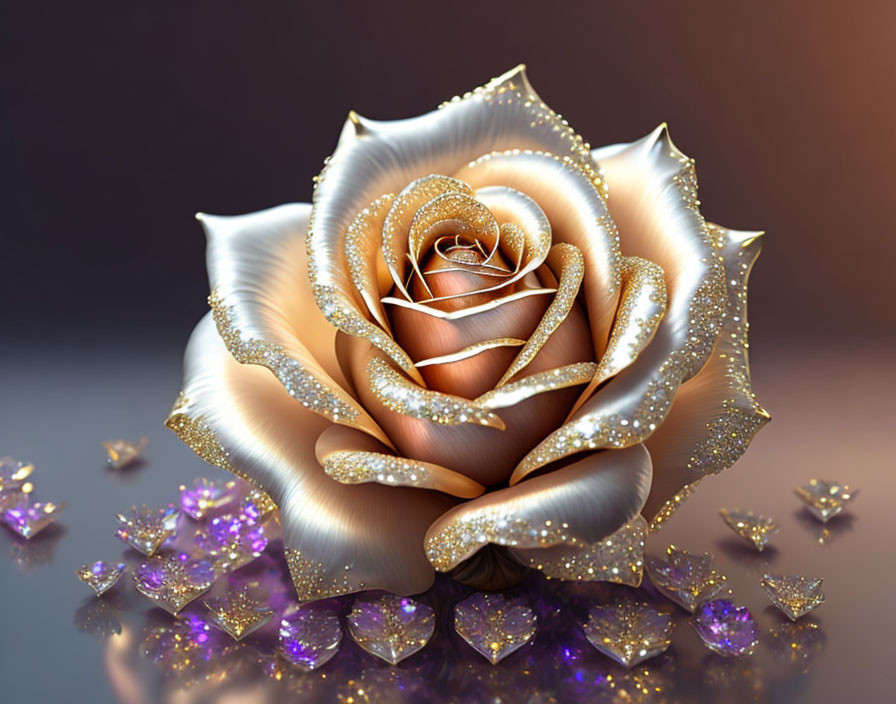 Metallic rose with golden center and gemstones on white petals