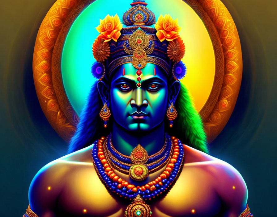 Vibrant digital artwork of serene deity with intricate jewelry.