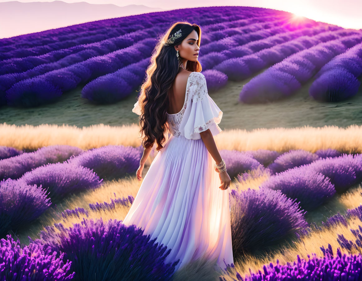 Woman in white dress surrounded by lavender fields at sunset