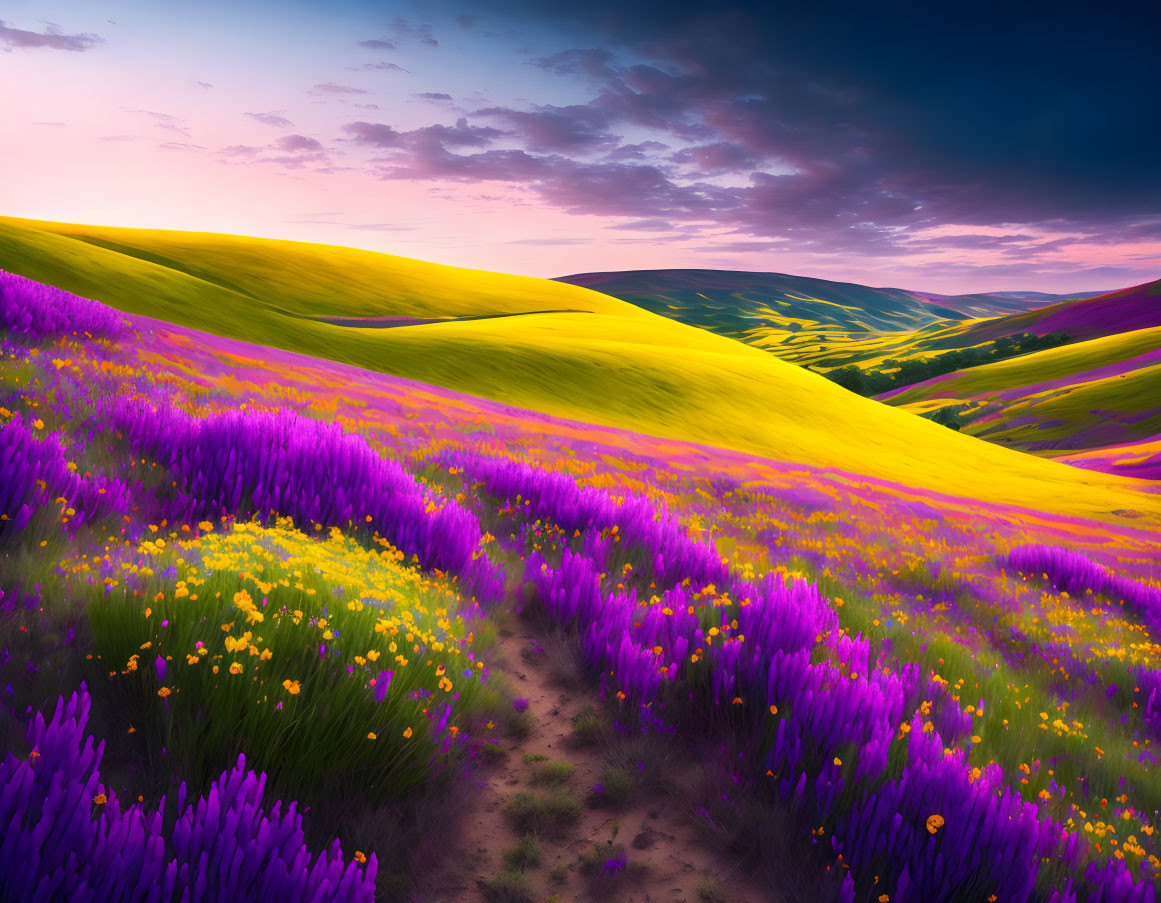 Colorful Wildflowers Cover Rolling Hills at Sunrise/Sunset