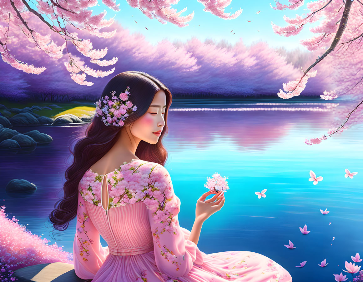 Woman in Pink Dress Contemplating by River Amid Cherry Blossoms