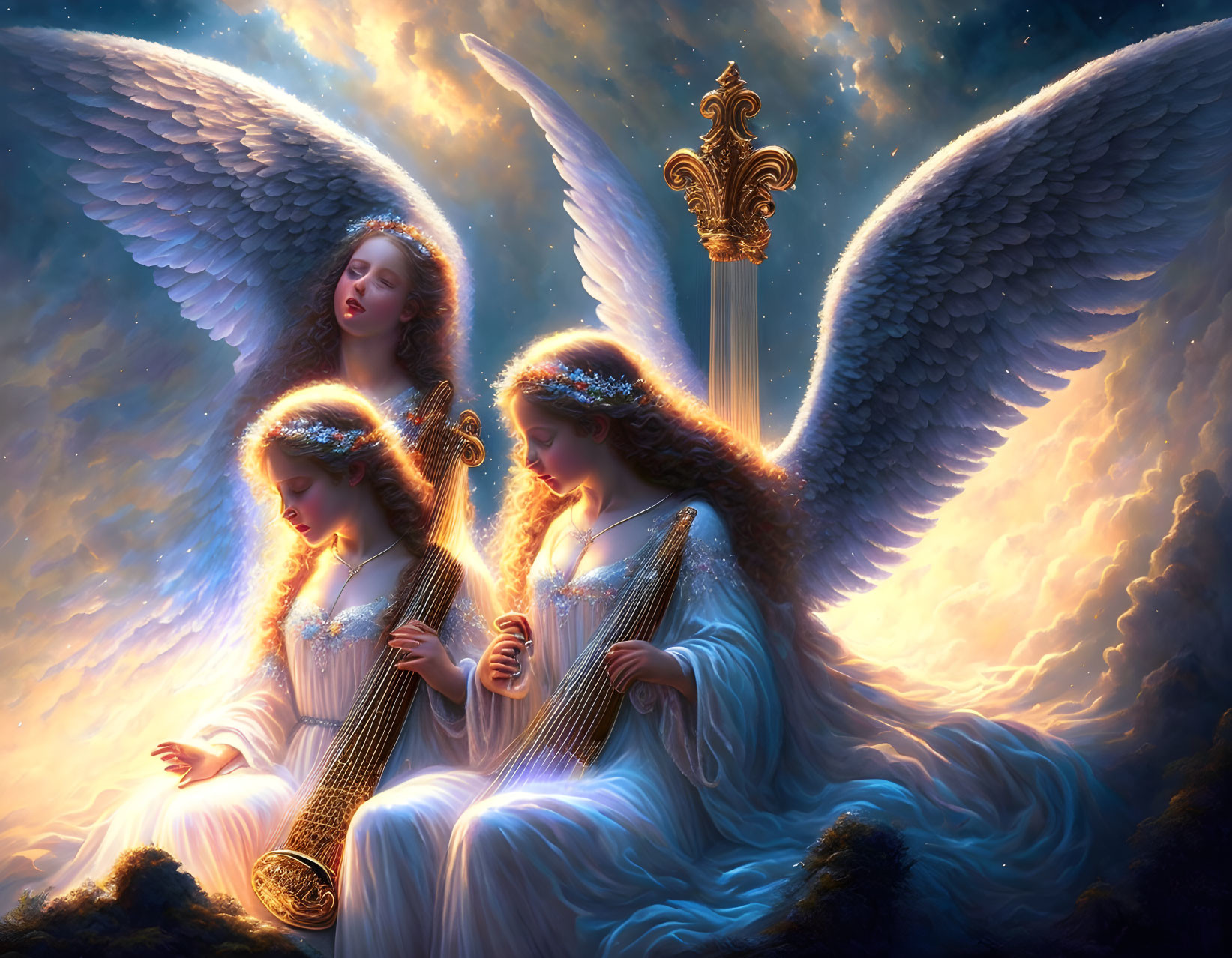 Three angelic figures with glowing halos and white wings playing harps in celestial scene.