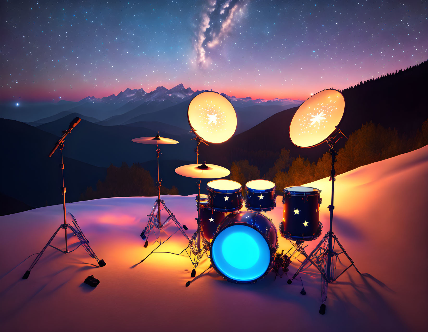 Drum set illuminated by blue light on snowy hill