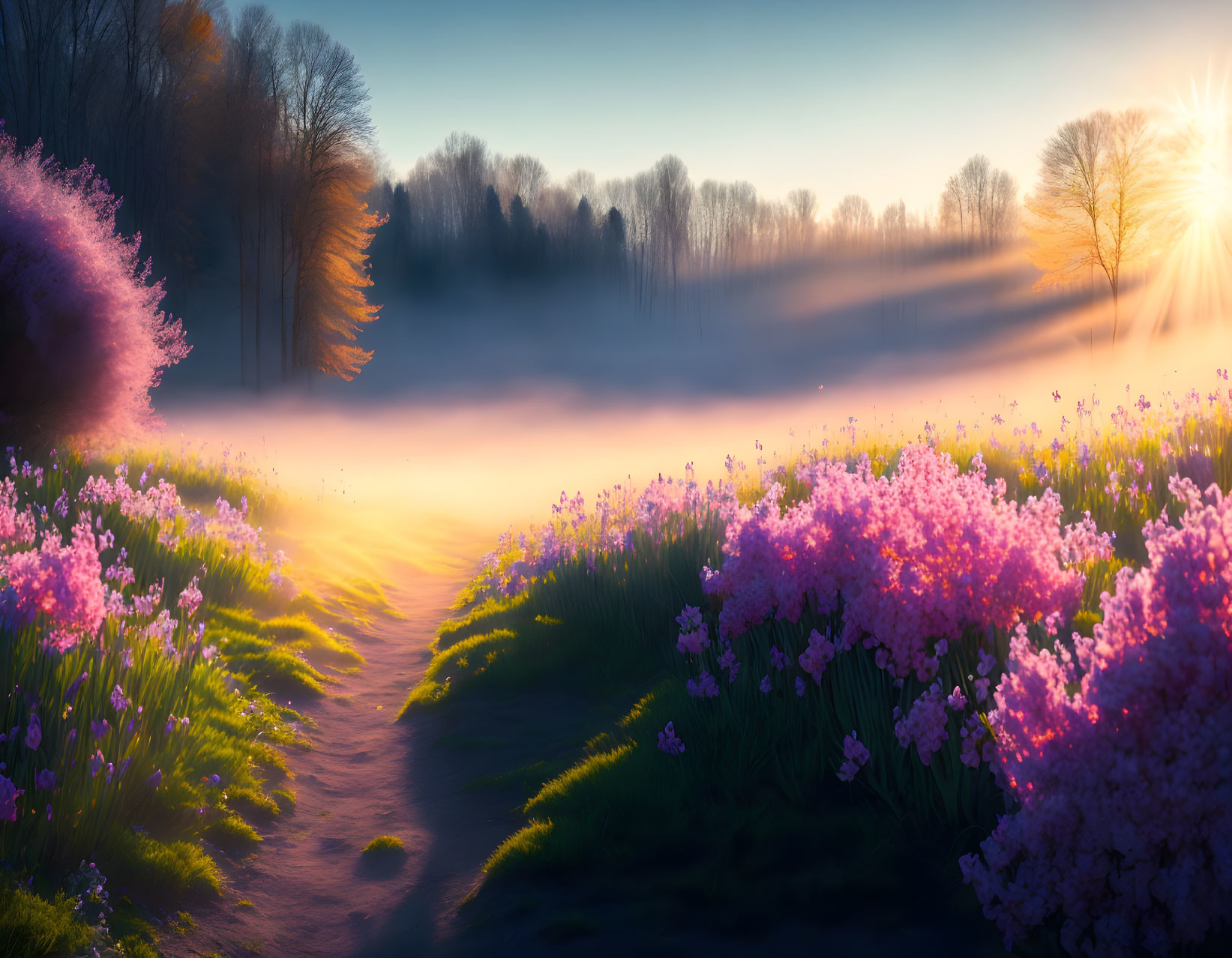 Tranquil sunrise landscape with purple flowers, misty forest, and winding path