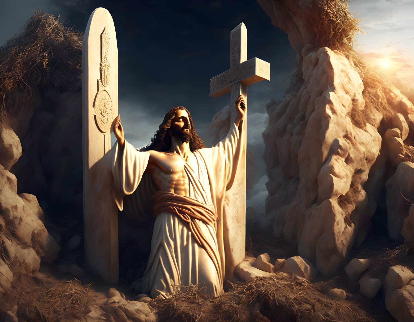 Bearded man in white robe holding cross between stone tablets under dramatic sky