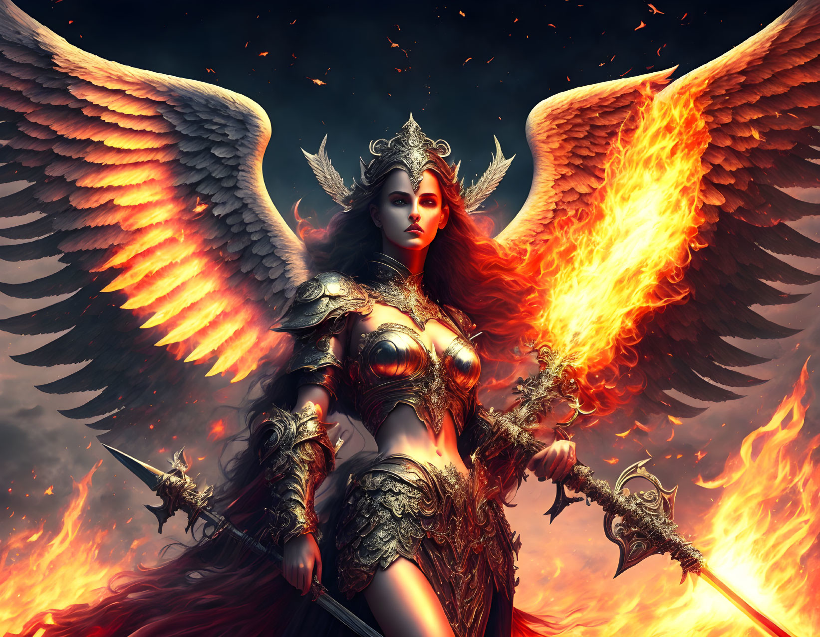 Majestic winged warrior queen in fiery armor and crown ready for battle