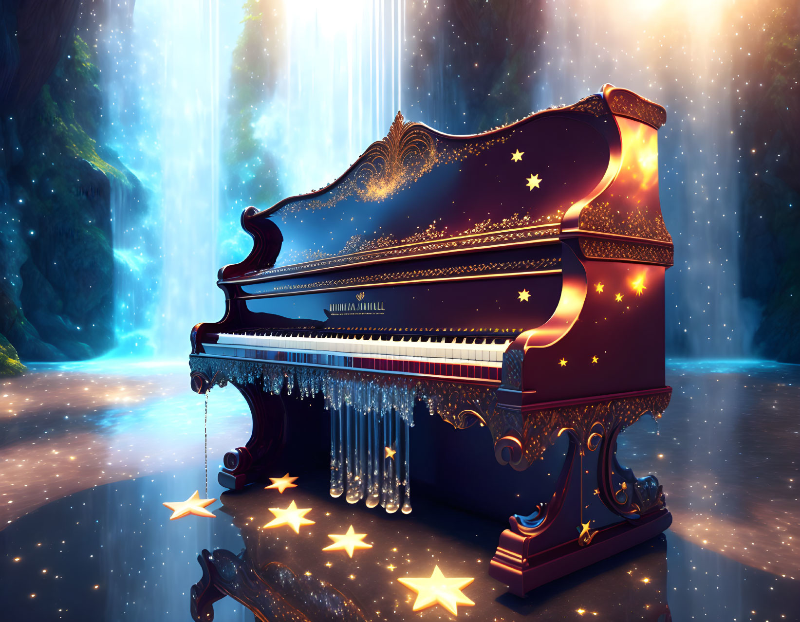 Cosmic Design Grand Piano Against Magical Waterfall