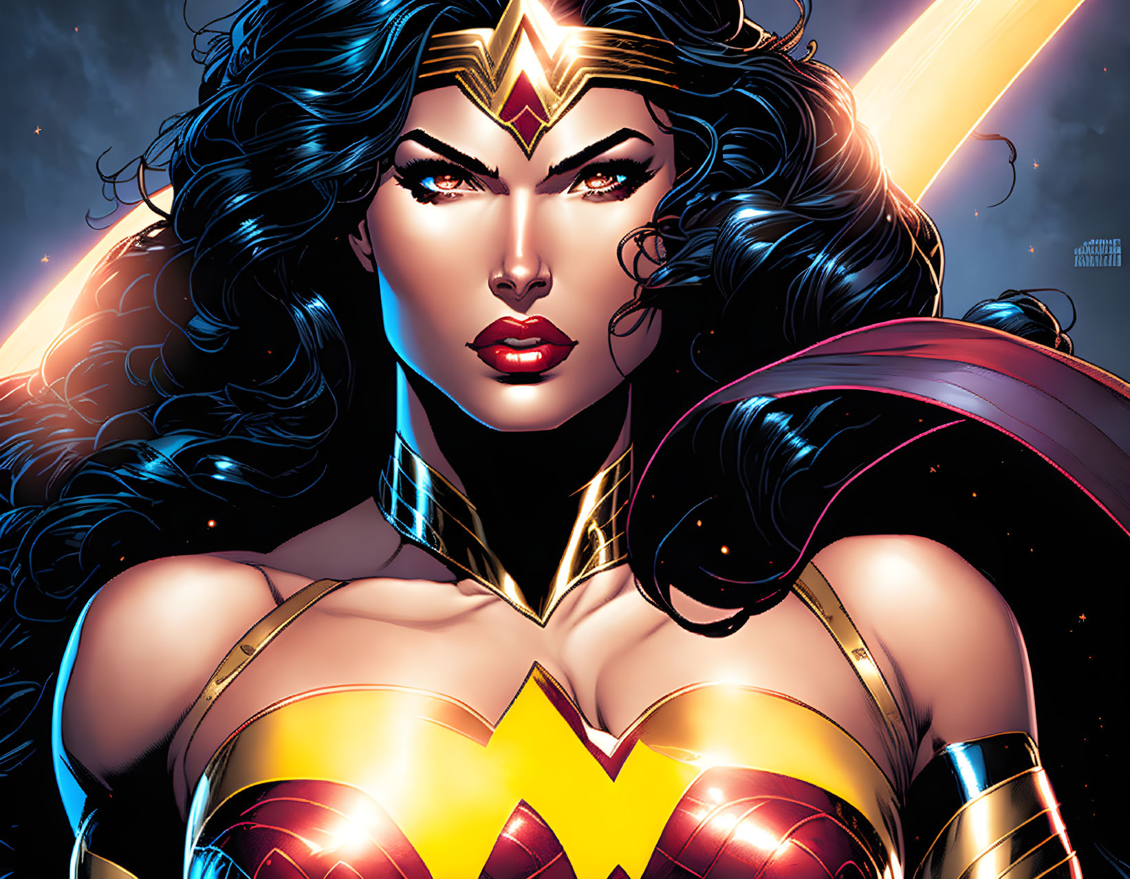 Female superhero with golden tiara in red-and-gold costume against cosmic backdrop