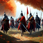 Armored medieval knights on horseback in vibrant autumn forest