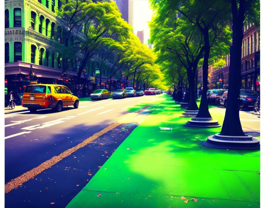 Colorful city street scene with green trees, cars, and yellow taxi under clear sky