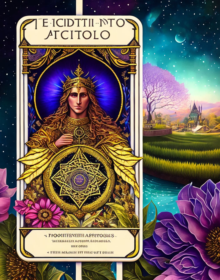 Mystical female figure tarot card with golden halo in lush landscape