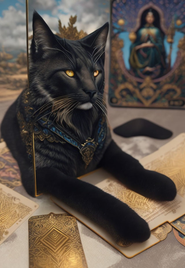 Black Cat with Yellow Eyes Among Tarot Cards and Upright Figure Card