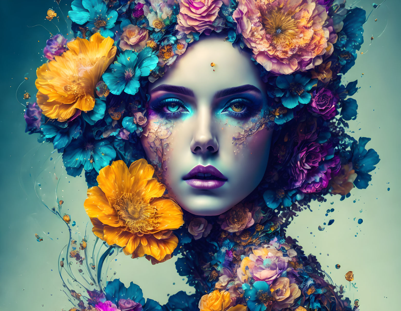 Vibrant floral surreal portrait of a woman with bold blue eyes