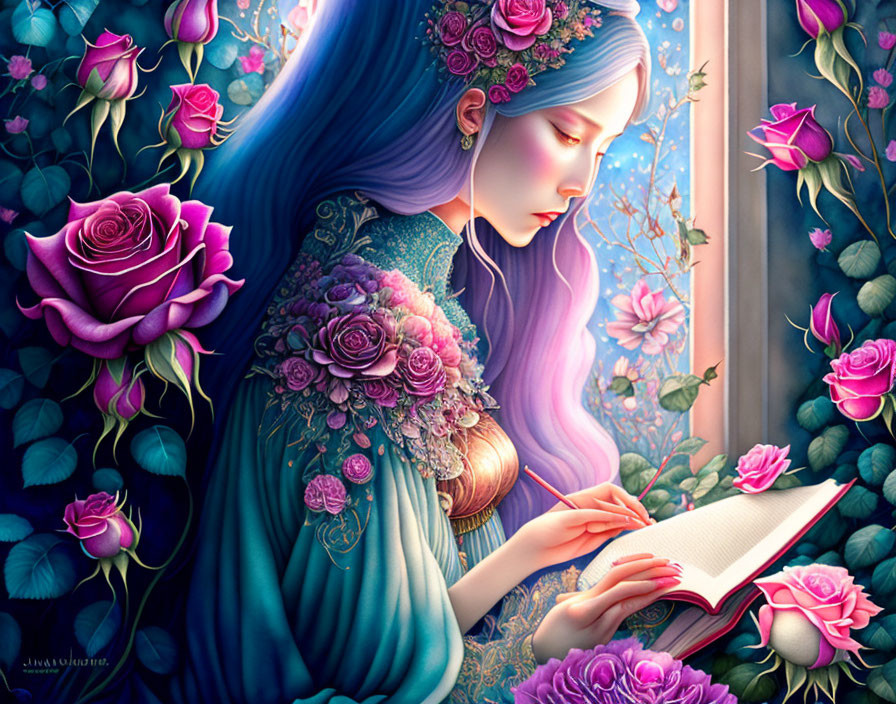 Blue-haired woman reading book among pink roses with window.