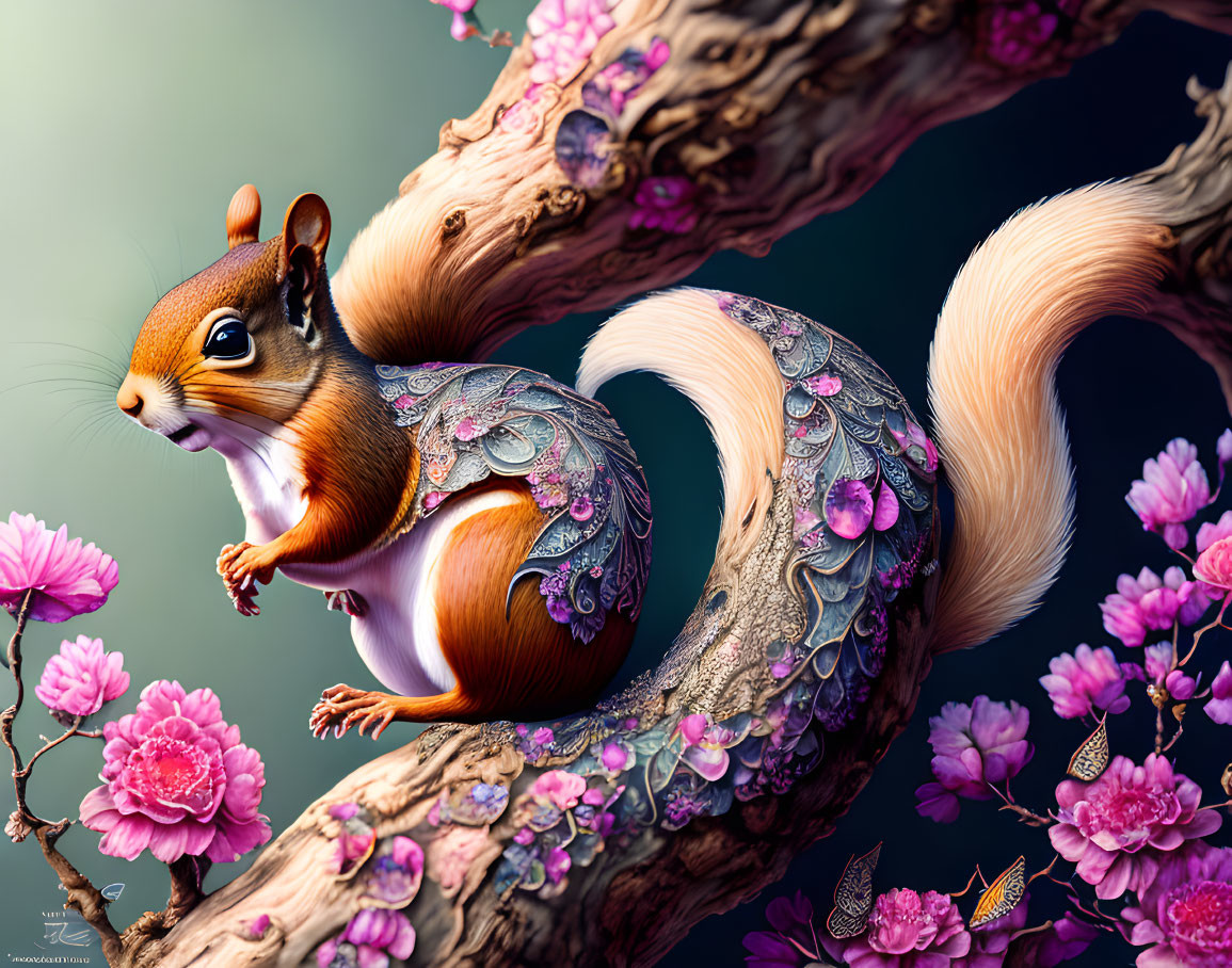 Colorful digital artwork: Squirrel on cherry blossom branch