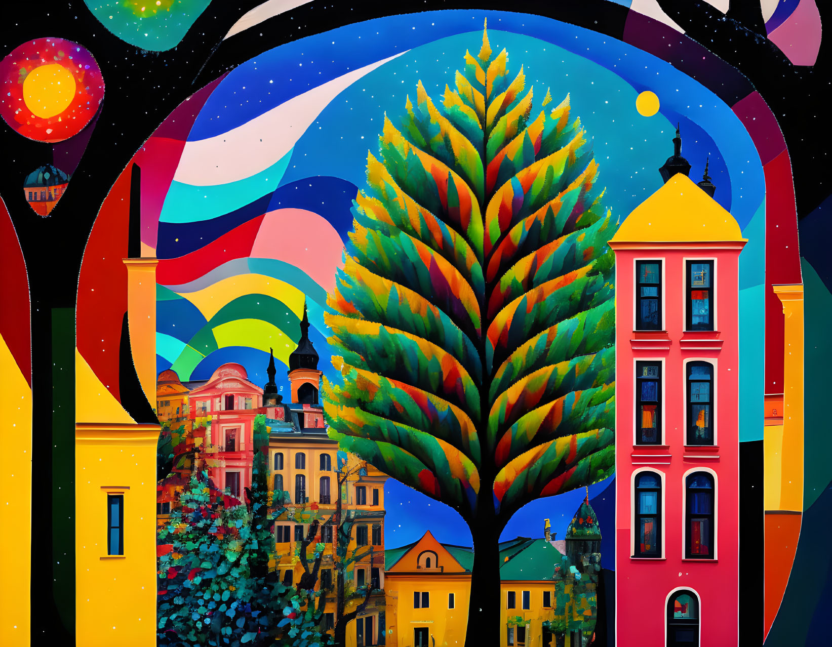 Colorful tree with rainbow leaves in urban and cosmic setting