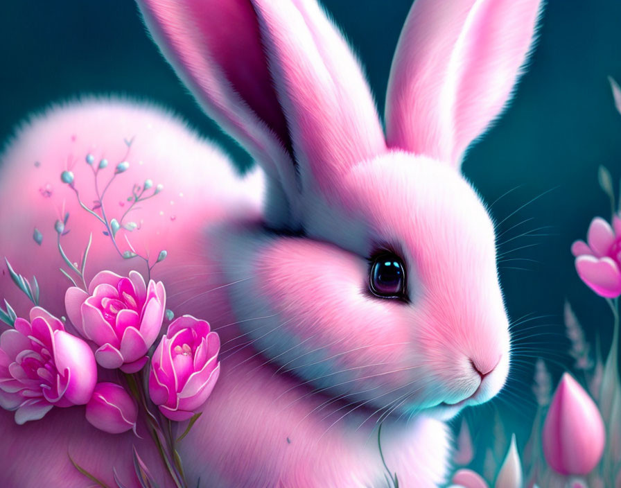 Pink Fluffy Rabbit Surrounded by Blossoming Flowers on Teal Background