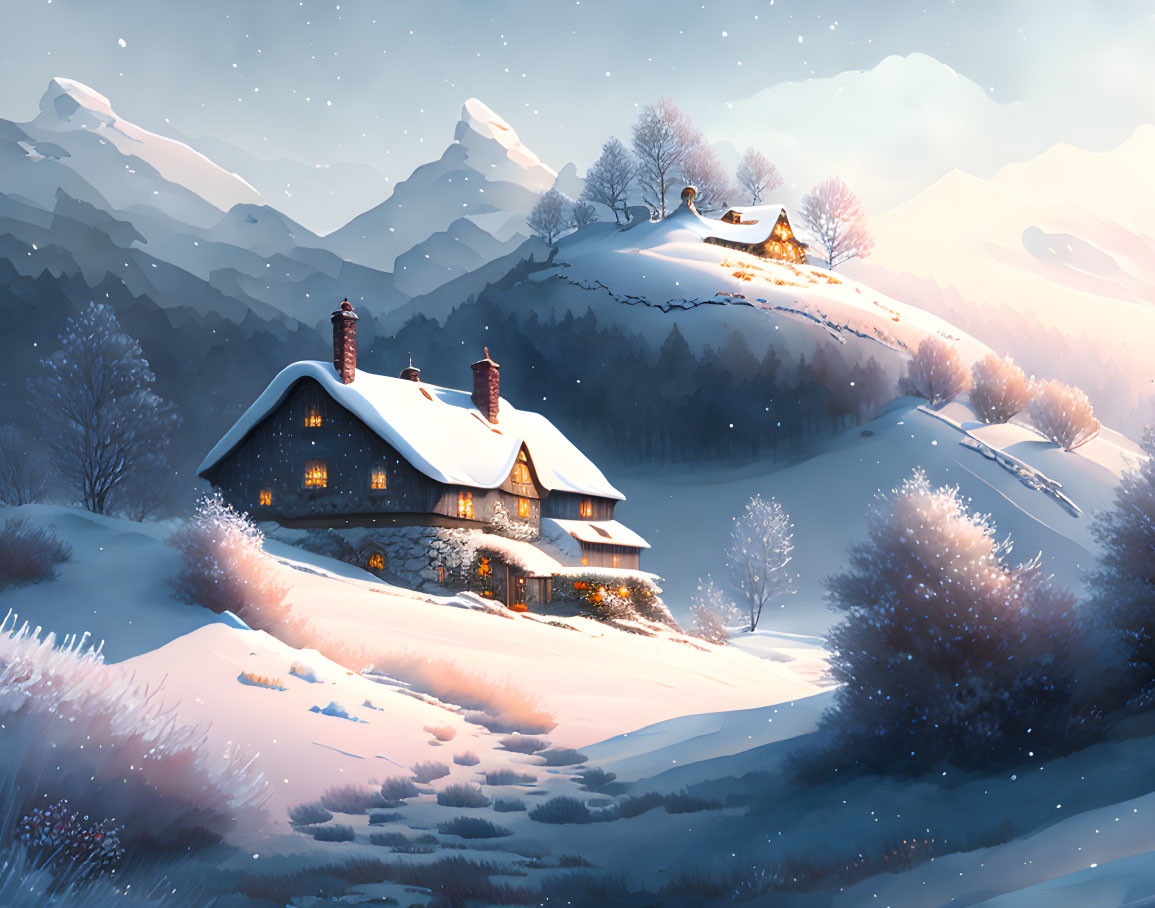 Snowy Winter Landscape with Cozy House and Mountains