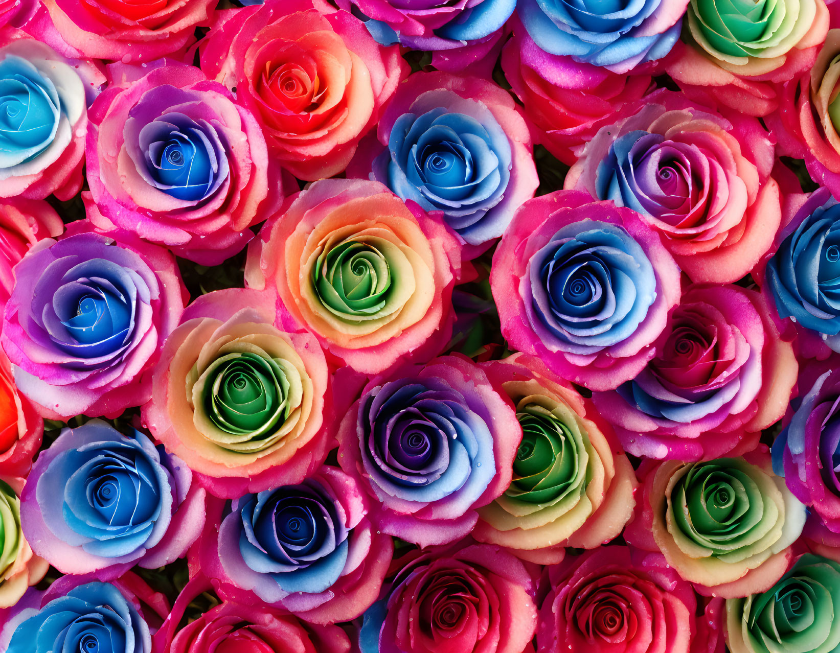 Multicolored roses in full bloom with rainbow palette petals