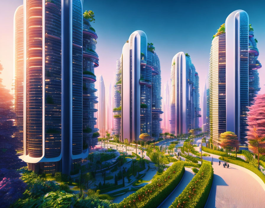 Futuristic cityscape with lush greenery and sleek skyscrapers at dusk