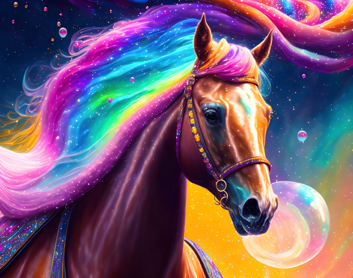 Colorful horse with rainbow mane on cosmic backdrop with bubbles