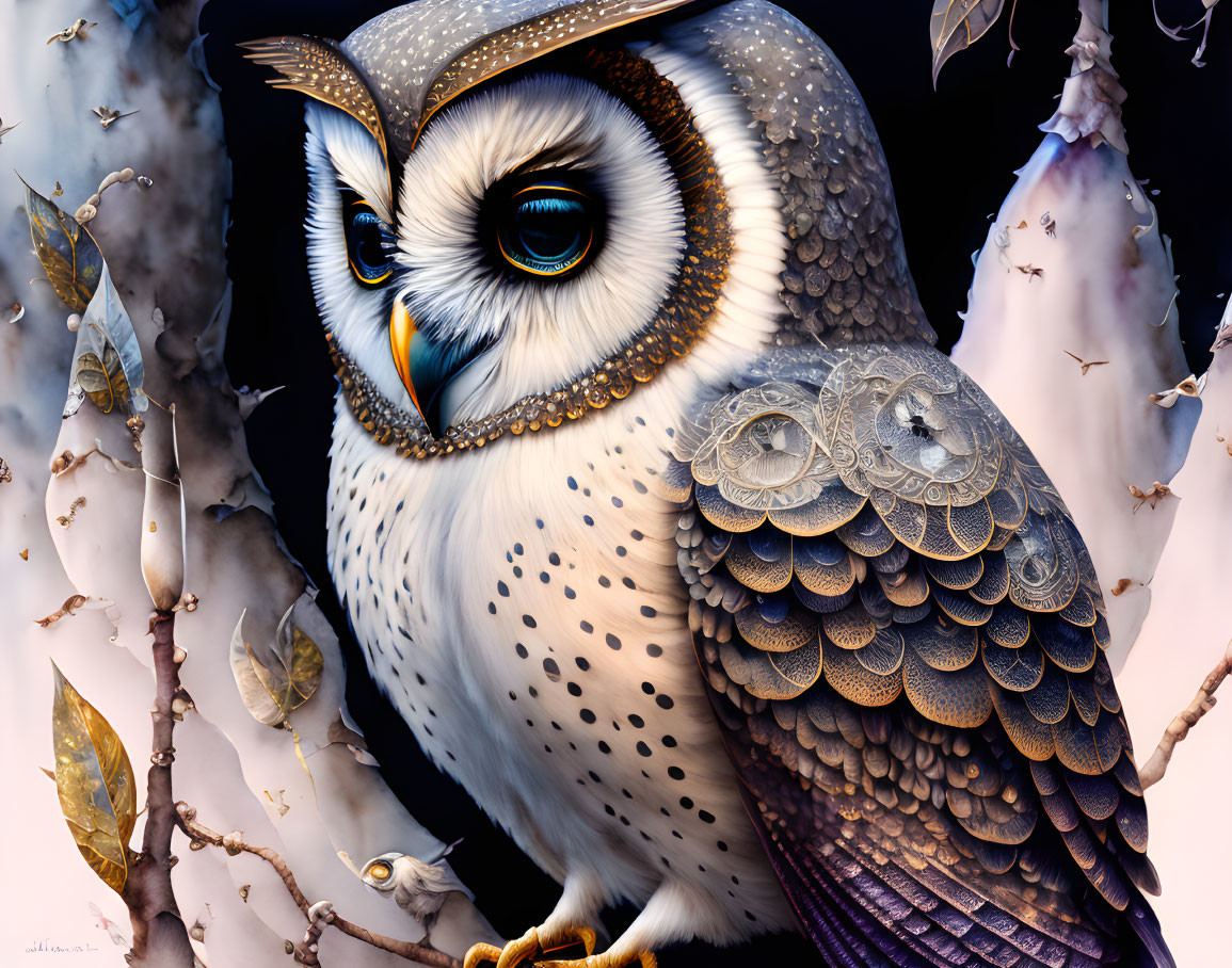 Detailed Stylized Owl Illustration with Intricate Feather Patterns